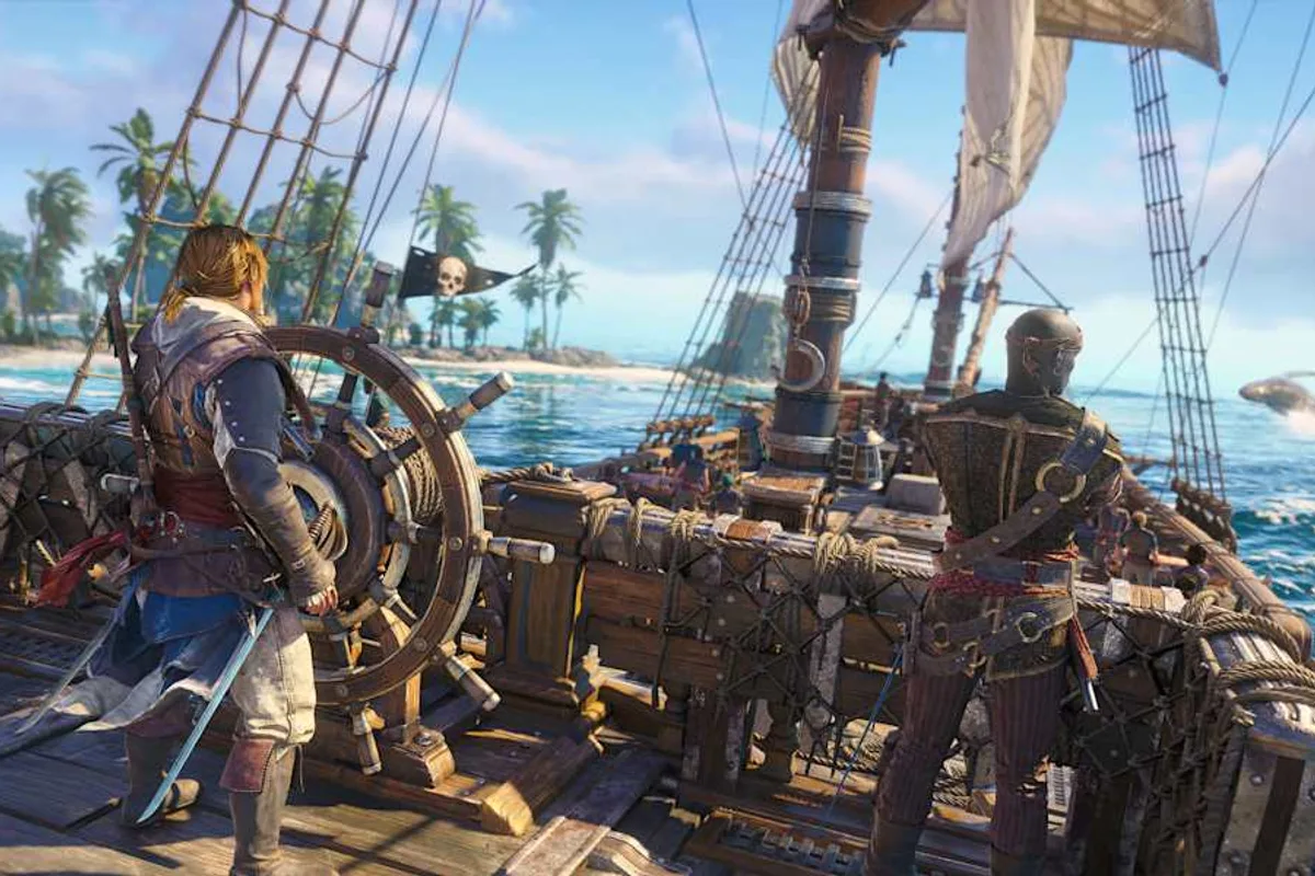 Edward Kenway prend la barre du Jackdaw au large d'une île des Caraïbes