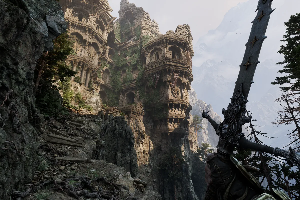 Une forteresse ancienne construite sur des falaises rocheuses dans le monde fantastique de Fatekeeper
