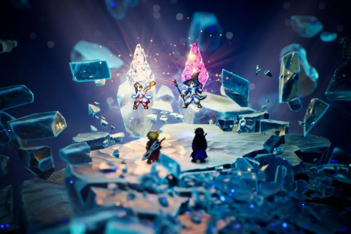 Personnages de Final Fantasy Resonance devant des cristaux lumineux dans un environnement HD-2D