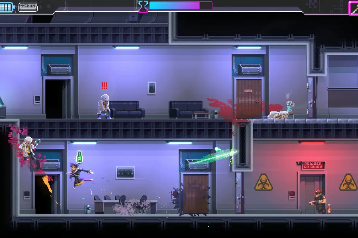 Capture de gameplay du contenu additionnel de Katana ZERO dans un bâtiment industriel à plusieurs niveaux, avec un assassin et des gardes armés.