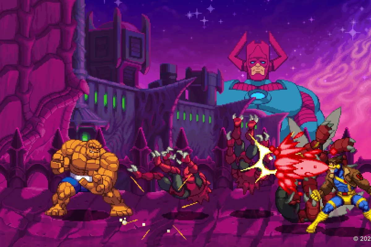 Combat en pixel art dans Marvel Cosmic Invasion avec plusieurs héros et ennemis