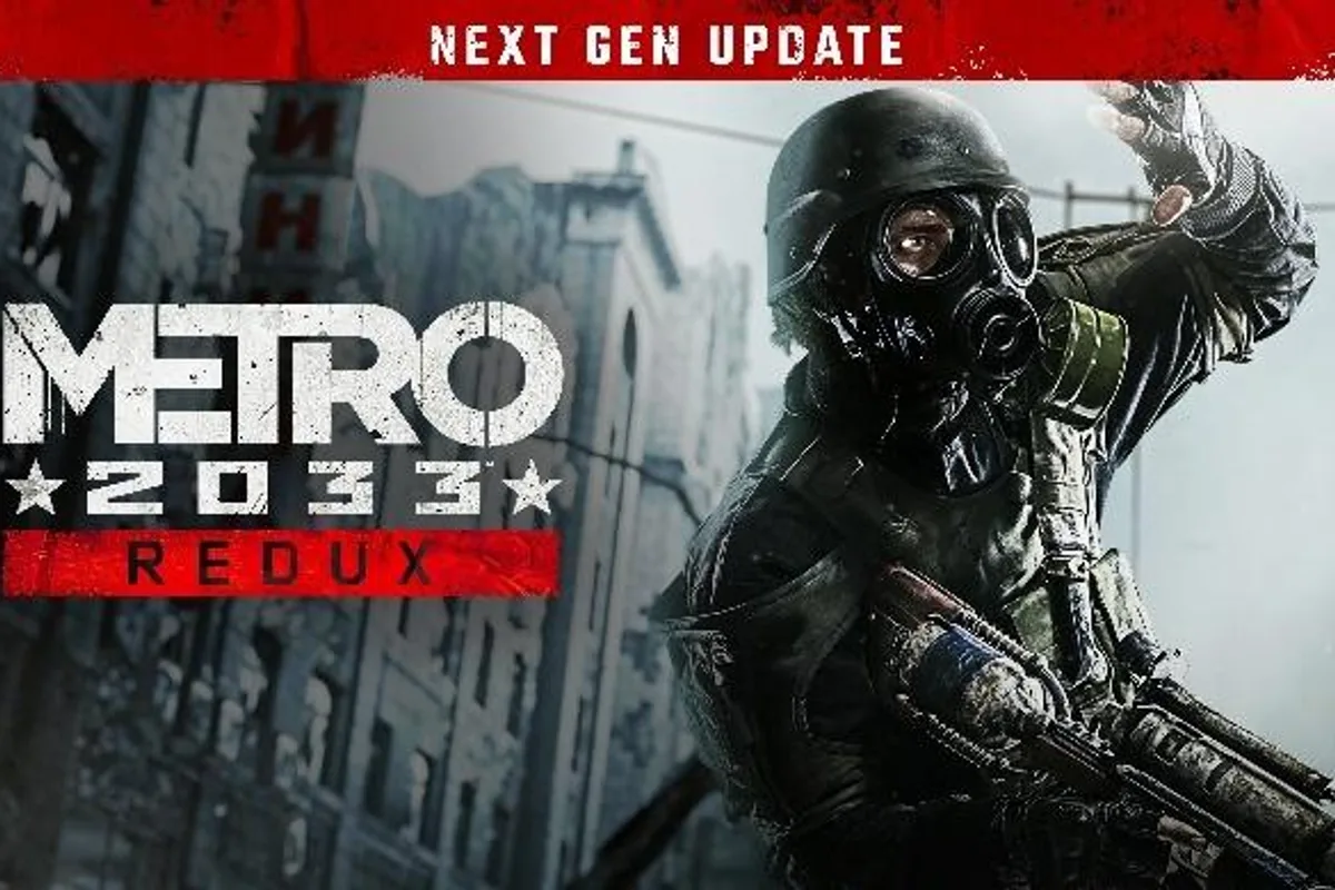 Survivant équipé d'un masque à gaz devant les bâtiments dévastés de Moscou, illustration promotionnelle de Metro 2033 Redux