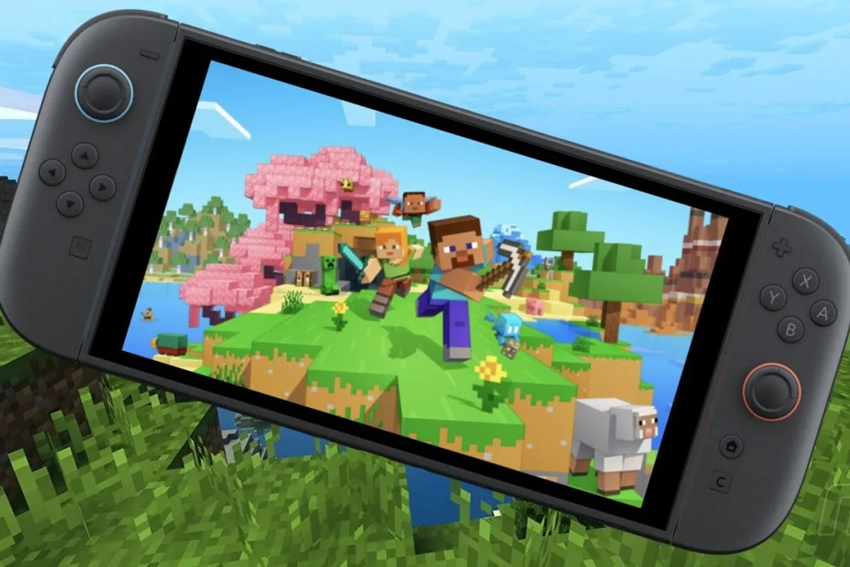 Console Nintendo Switch 2 affichant Minecraft avec Steve et Alex