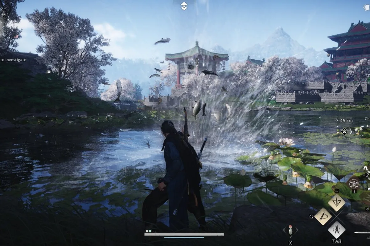 Un guerrier de Where Winds Meet devant une étendue d'eau