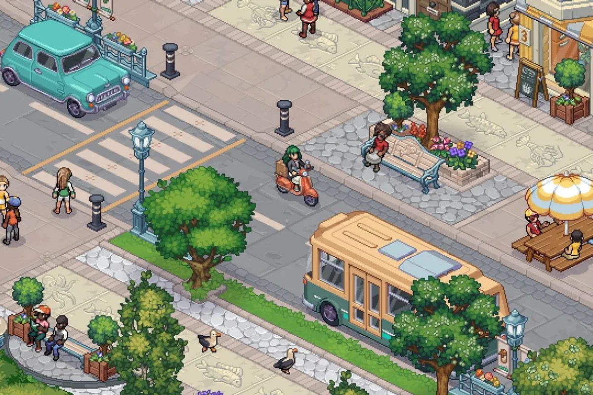 Rue de Mossport avec habitants, véhicules et commerces dans Witchbrook